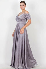 Plus - Size Schoudervrije Glitter Maxi - Jurk – Lila