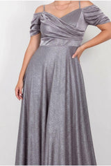 Plus - Size Schoudervrije Glitter Maxi - Jurk – Lila