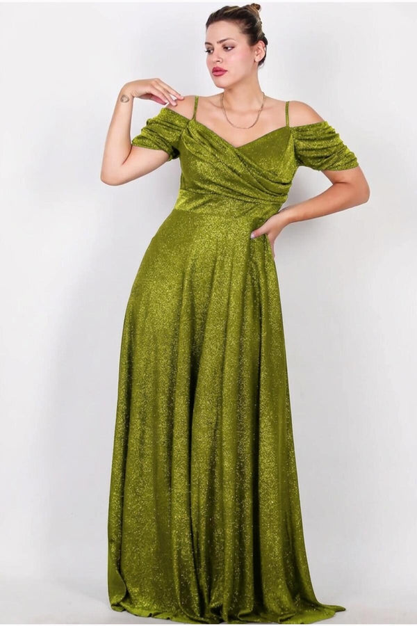 Plus - Size Off - Shoulder Glitter Maxi Dress — Green