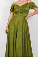 Schulterfreies Glitzer - Maxikleid – Grün (Große Größen)
