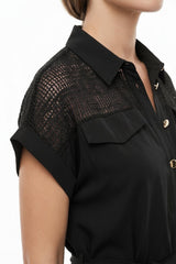 Plus - Size Jurk In Zwart Met Mesh - Schouderdetail En Knoopsluiting