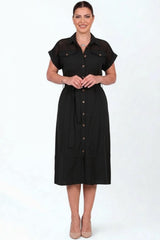 Plus - Size Jurk In Zwart Met Mesh - Schouderdetail En Knoopsluiting