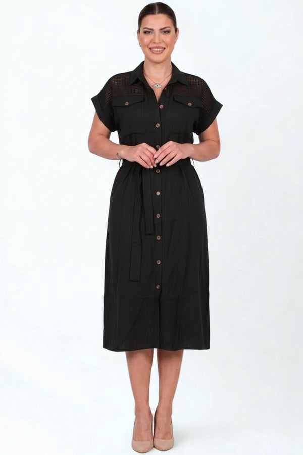 Plus - Size Jurk In Zwart Met Mesh - Schouderdetail En Knoopsluiting