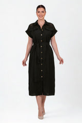 Plus - Size Jurk In Zwart Met Mesh - Schouderdetail En Knoopsluiting