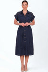 Plus - Size Jurk In Marine Met Mesh - Schouderdetail En Knoopsluiting