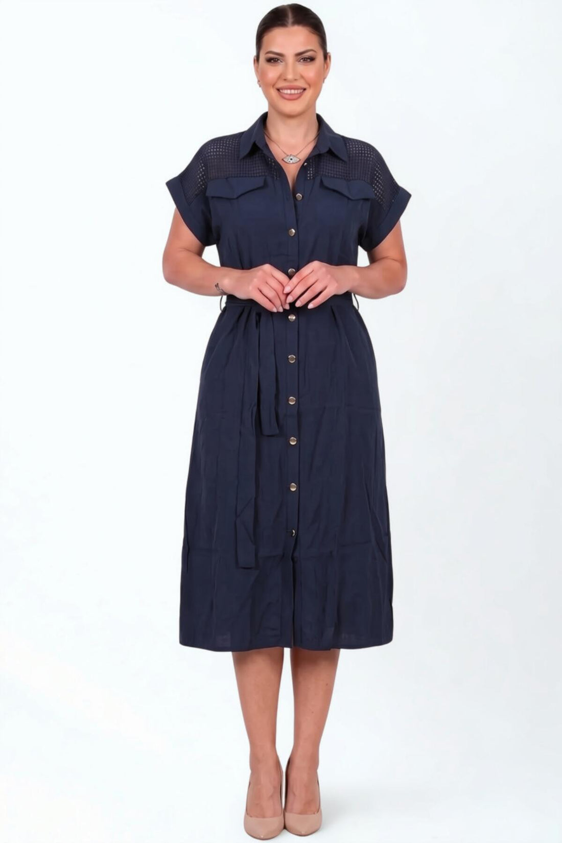 Plus - Size Jurk In Marine Met Mesh - Schouderdetail En Knoopsluiting