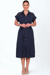 Plus - Size Jurk In Marine Met Mesh - Schouderdetail En Knoopsluiting