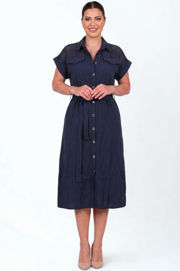 Plus - Size Jurk In Marine Met Mesh - Schouderdetail En Knoopsluiting