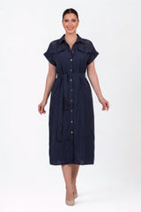 Plus - Size Jurk In Marine Met Mesh - Schouderdetail En Knoopsluiting