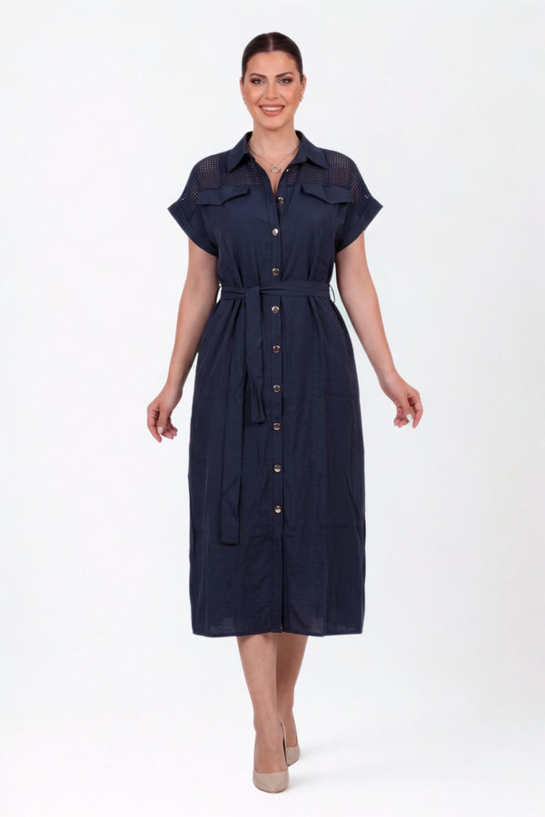 Plus - Size Jurk In Marine Met Mesh - Schouderdetail En Knoopsluiting