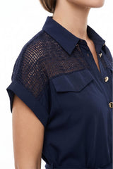 Plus - Size Jurk In Marine Met Mesh - Schouderdetail En Knoopsluiting