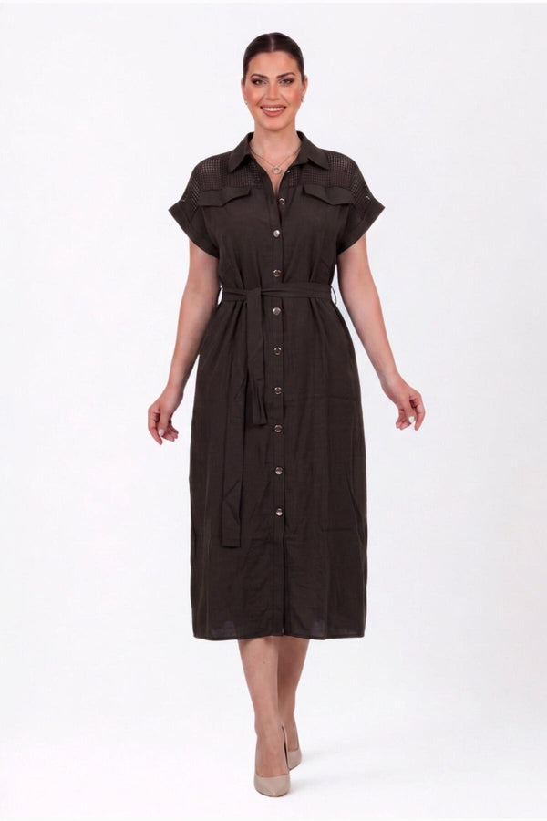 Plus‑Size Jurk Met Mesh‑Schouders En Knoopsluiting — Bruin