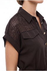 Plus‑Size Jurk Met Mesh‑Schouders En Knoopsluiting — Bruin