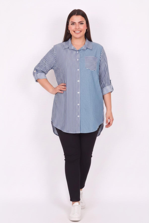 Plusmaat Gestreepte Tuniek Met Denim‑Detail — Blauw
