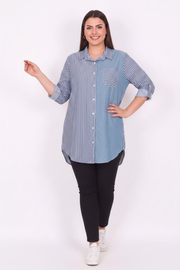 Plusmaat Gestreepte Tuniek Met Denim‑Detail — Blauw