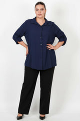 Plus‑Size Blouse Met Omgeslagen Mouwen — Indigo