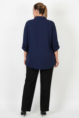Plus‑Size Blouse Met Omgeslagen Mouwen — Indigo