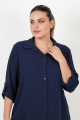 Plus‑Size Blouse Met Omgeslagen Mouwen — Indigo