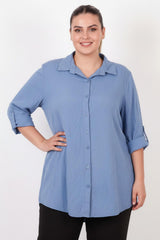 Plus‑Size Blouse Met Omgeslagen Mouwen — Indigo