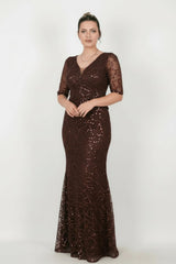 Robe De Soirée Grande Taille En Dentelle Perlée — Marron
