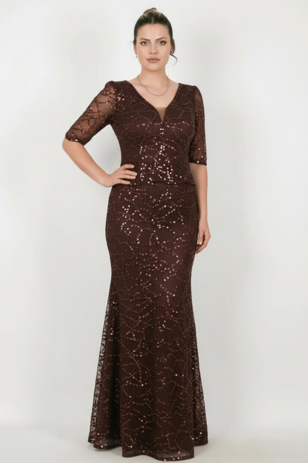 Plus - Size Short - Sleeve Beaded Lace Dress — Brown