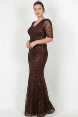 Robe De Soirée Grande Taille En Dentelle Perlée — Marron