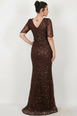 Robe De Soirée Grande Taille En Dentelle Perlée — Marron