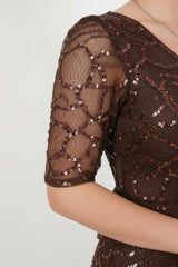 Robe De Soirée Grande Taille En Dentelle Perlée — Marron