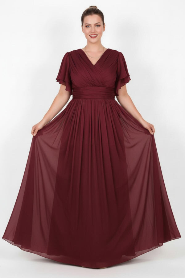 Plus - Size Long Evening Dress With Sleeve Detail — Burgundy