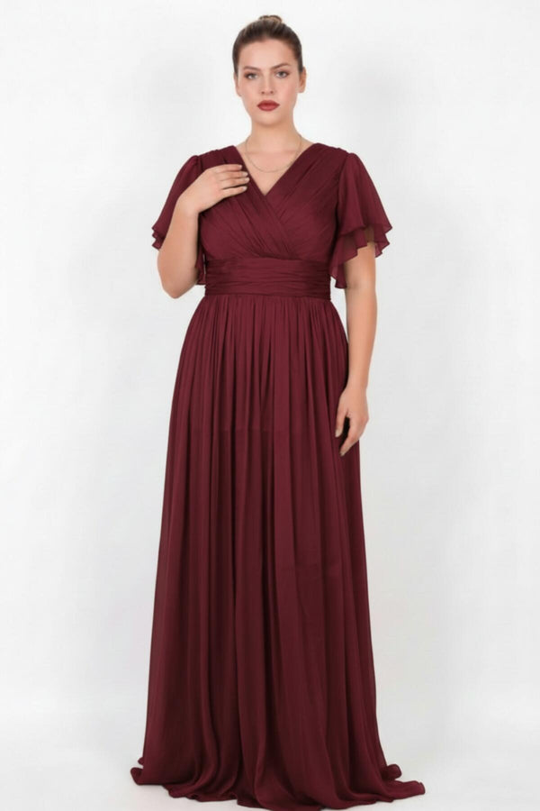 Plus - Size Long Evening Dress With Sleeve Detail — Burgundy