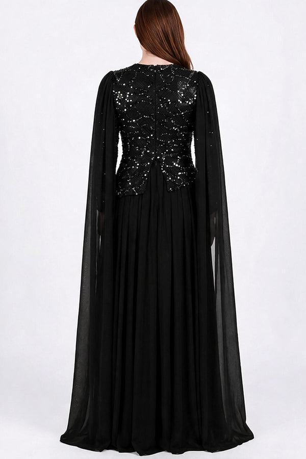 Chiffon Maxi - Jurk Met Lange Mouwen — Zwart
