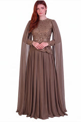 Taupe Chiffon Maxi - Jurk Met Lange Mouwen