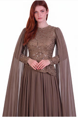 Taupe Chiffon Maxi - Jurk Met Lange Mouwen