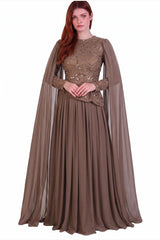 Taupe Chiffon Maxi - Jurk Met Lange Mouwen