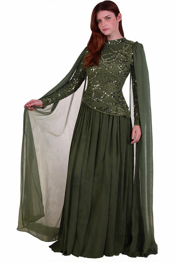 Chiffon Maxi - Jurk Met Lange Mouwen — Khaki