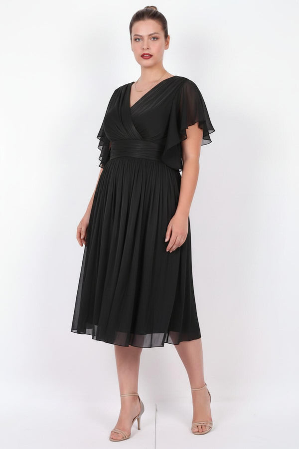Plus - Size Midi Evening Dress With Sleeve Detail — Black