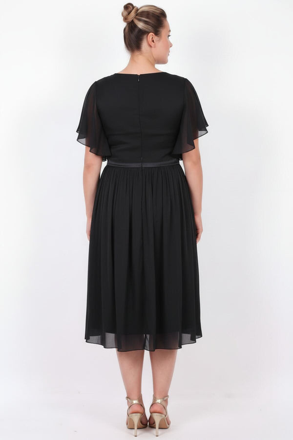 Plus - Size Midi Evening Dress With Sleeve Detail — Black