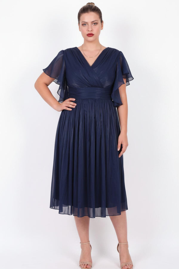 Plus - Size Midi Evening Dress With Sleeve Detail — Navy