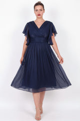 Große Größen Midi - Abendkleid Mit Ärmel - Detail – Marineblau