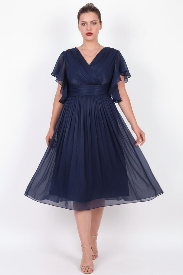 Plus - Size Midi Evening Dress With Sleeve Detail — Navy