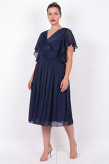 Große Größen Midi - Abendkleid Mit Ärmel - Detail – Marineblau