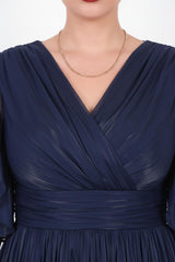 Große Größen Midi - Abendkleid Mit Ärmel - Detail – Marineblau