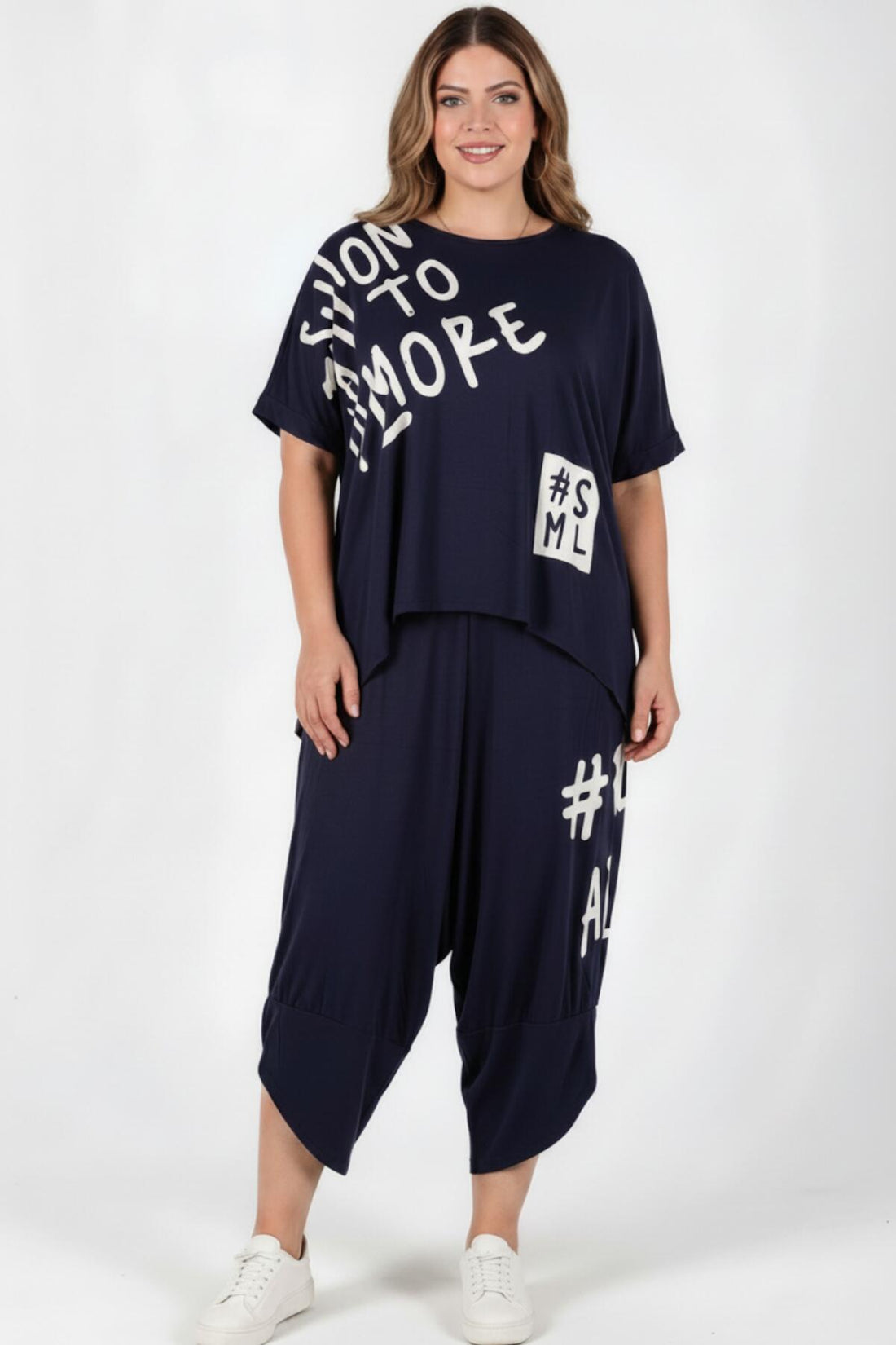 Plus - Size Bedrukte Broekset, Navy