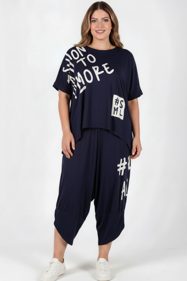 Plus - Size Bedrukte Broekset, Navy
