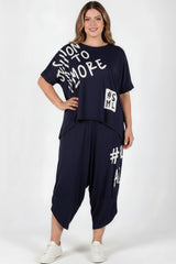 Plus - Size Bedrukte Broekset, Navy
