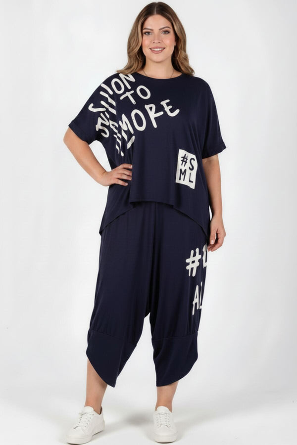 Plus - Size Bedrukte Broekset, Navy