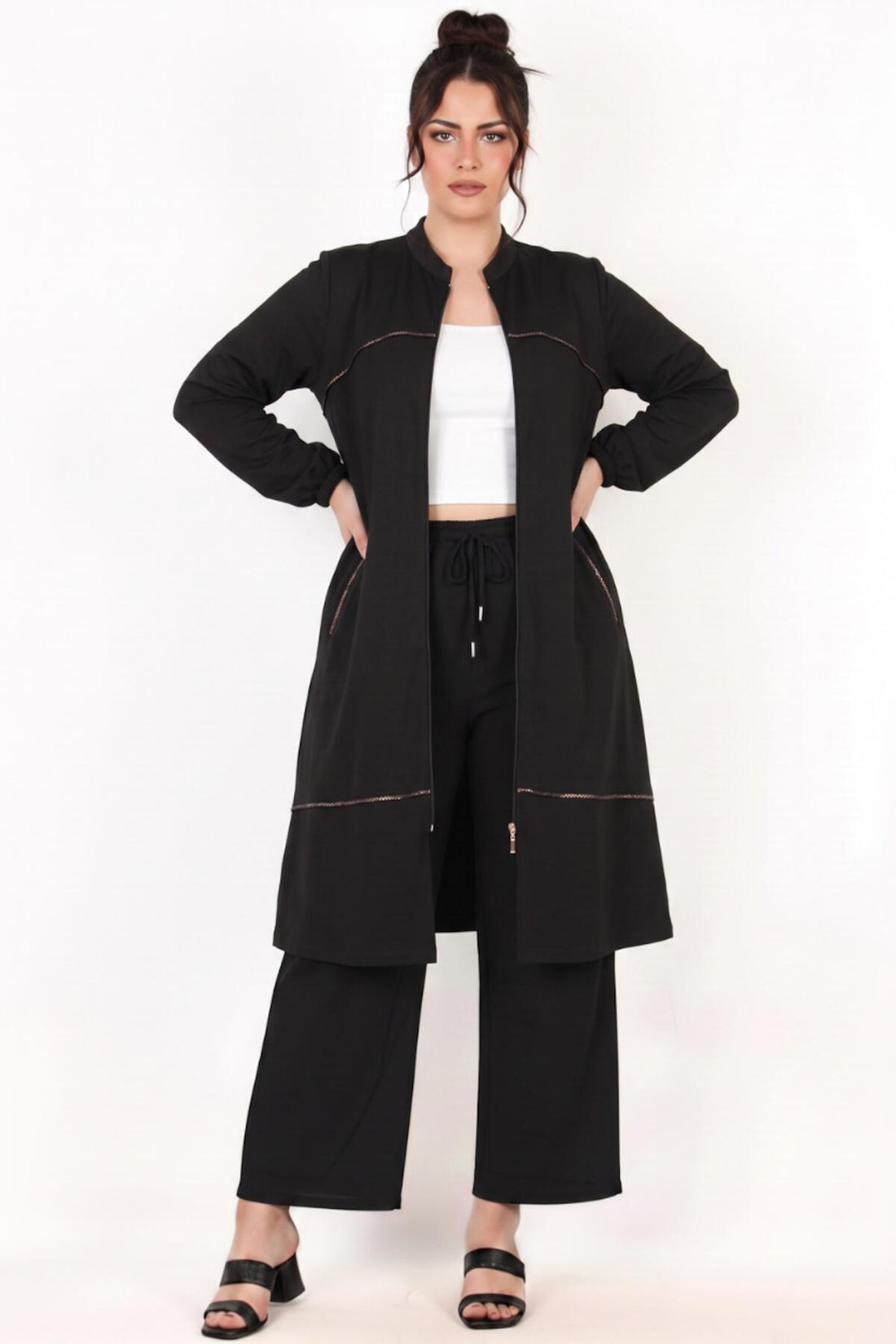 Plus - Size Jacket With Leopard Trim And Front Zipper — Black