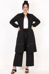 Plus - Size Jacket With Leopard Trim And Front Zipper — Black