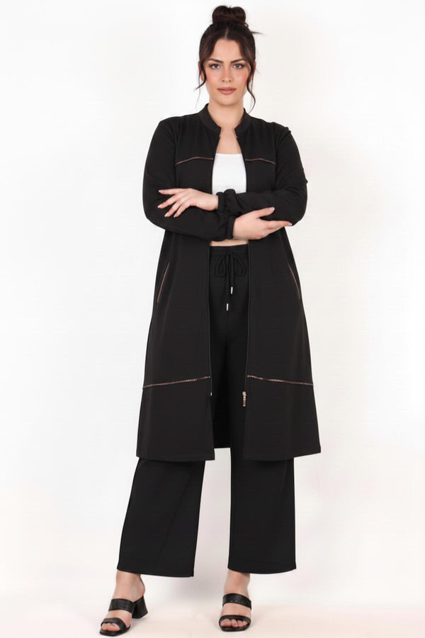 Plus - Size Jacket With Leopard Trim And Front Zipper — Black