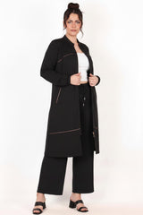 Plus - Size Jacket With Leopard Trim And Front Zipper — Black